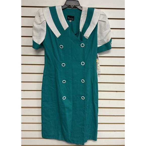 Vintage 80s First‎ Focus Women 13/14 Green Short Sleeve Dress New Old Stock Tags - Picture 1 of 12